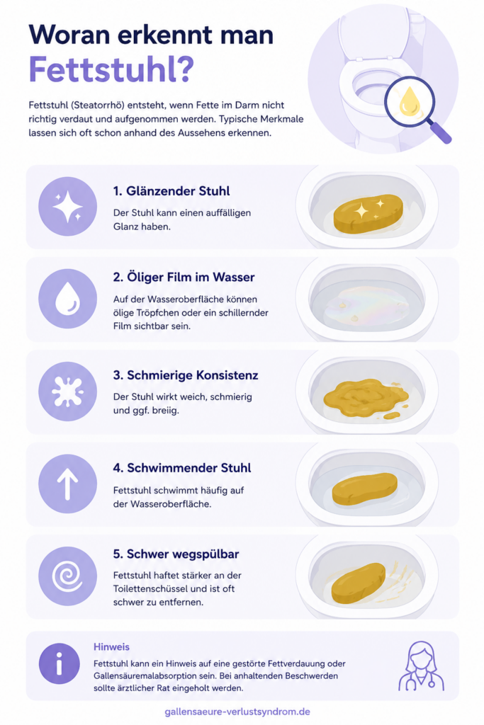 Infografik zu typischen Merkmalen von Fettstuhl wie glänzendem Stuhl, öligem Film im Wasser, schmieriger Konsistenz, schwimmendem Stuhl und schwer wegspülbaren Rückständen.